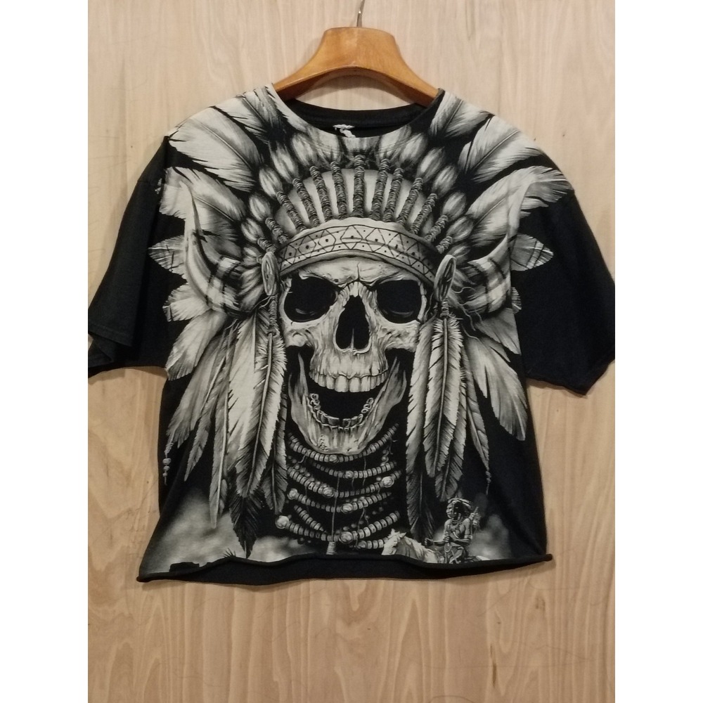 Fruit‎ of the Loom Skull Headdress Graphic T-Shirt Black Cropped Mens XL Custom
